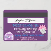 Paars & Blauw Meisjes VIP Creditcard Spa Feestje Folie Uitnodiging (Achterkant)