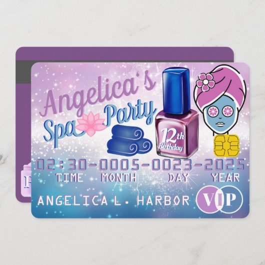 Paars & Blauw Meisjes VIP Creditcard Spa Feestje Kaart (Voorkant / Achterkant)