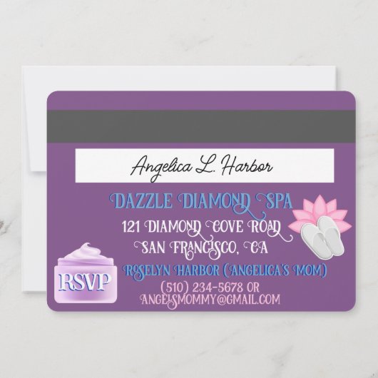 Paars & Blauw Meisjes VIP Creditcard Spa Feestje Kaart (Achterkant)