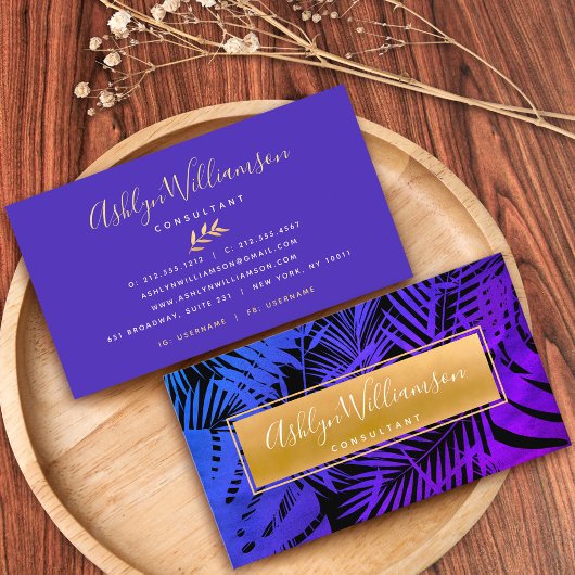 Paars blauw ombre tropisch palm gouchic script visitekaartje