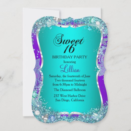 Paars blauw onder het Zee Tiara Sweet 16 Uitnodigi Kaart (Achterkant)