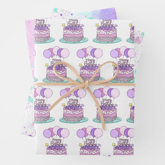 Paars, blauw, roze gelukkige verjaardag inpakpapier vel (In situ)