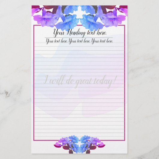 Paars blauw Trumpet Flowers Lined Writing Paper Briefpapier (Voorkant)