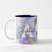 paars blauw waterverf monogram tweekleurige koffiemok (Links)