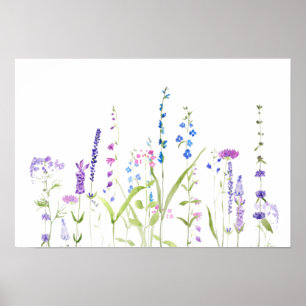 paars blauw wild bloemen waterverf schilderij poster