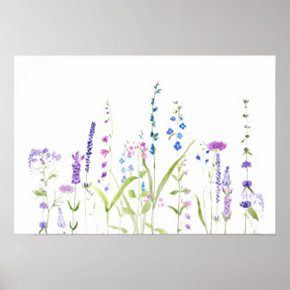 paars blauw wild bloemen waterverf schilderij poster