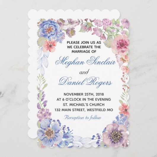 Paars & Blauw Wildbloemen Trouw Uitnodiging (Voorkant / Achterkant)