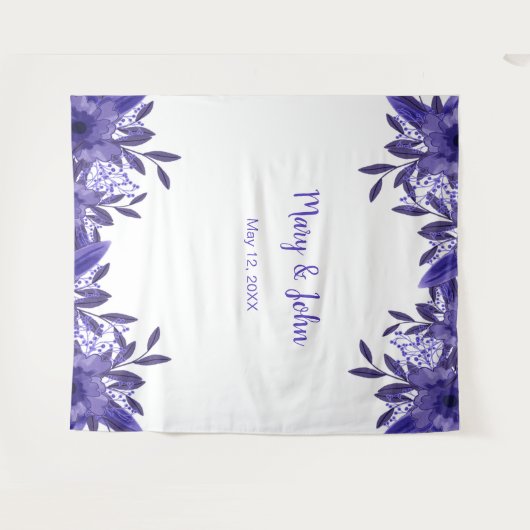 Paars Blauwe Bloemige Gebladerte Trouwfoto Achterg Wandkleed (Voorkant (horizontaal))