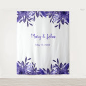 Paars Blauwe Bloemige Gebladerte Trouwfoto Achterg Wandkleed (Voorkant)