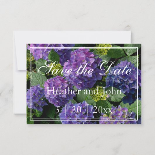 Paars blauwe periwinkle hortensia's besparen save the date (Voorkant)