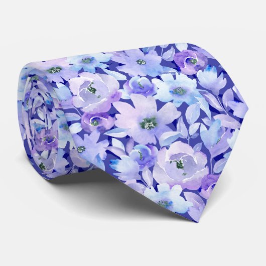 Paars Blauwe Waterverf Floral Stropdas (Opgerold)