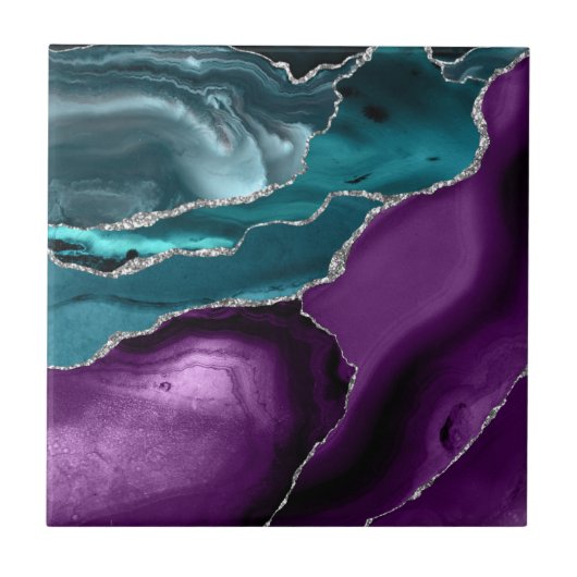 Paars Blauwgroen blauw agate Silver Glitter Tegeltje (Voorkant)