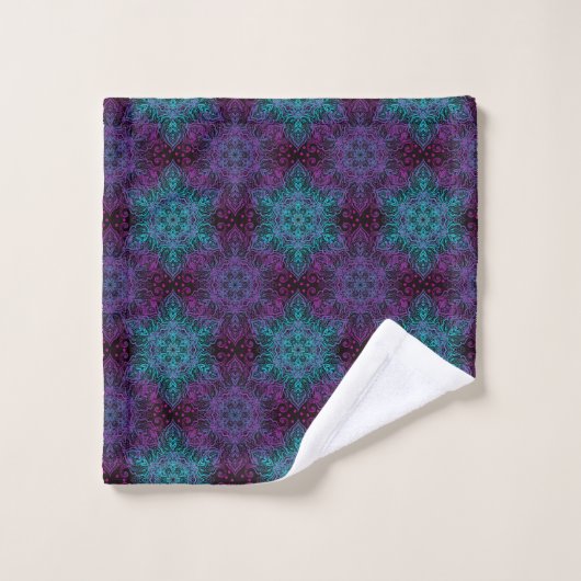 Paars Blauwgroen blauw Snowflake Mandala Bad Handdoek (Wasdoekje)