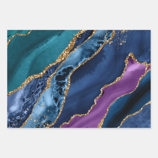 Paars, Blauwgroen en blauw Glitter Peacock Agate Inpakpapier Vel (Voorkant 3)