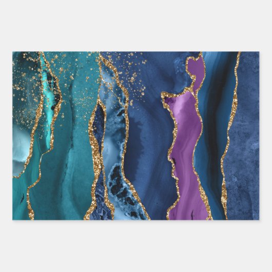 Paars, Blauwgroen en blauw Glitter Peacock Agate Inpakpapier Vel (Voorkant)
