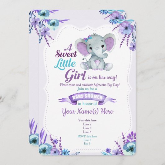 Paars Blauwgroen meisje - olifant - uitnodiging ba (Voorkant / Achterkant)