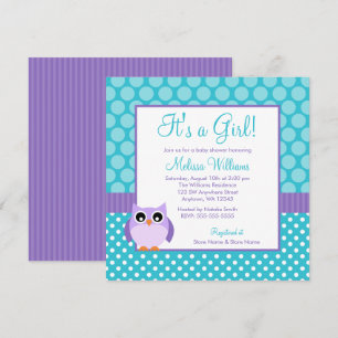 Paars Blauwgroen Owl Polka Dot Girl Baby shower Kaart