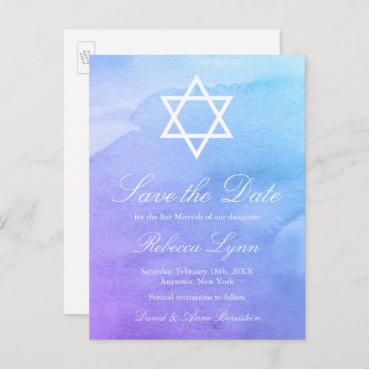 Paars | Blauwgroen Waterverf Bat Mitzvah Save the  Aankondigingskaart (Voorkant / Achterkant)