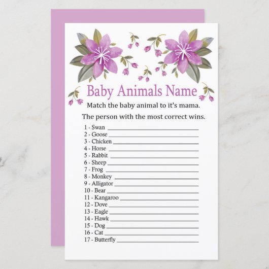 Paars bloemen Baby Dieren Naam Game (Voorkant / Achterkant)