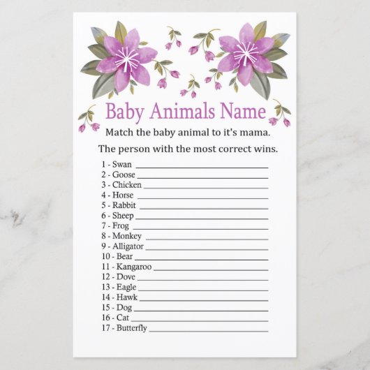 Paars bloemen Baby Dieren Naam Game (Voorkant)