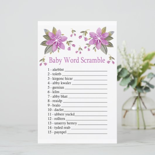 Paars bloemen Baby word scramble game (Staand voorkant)