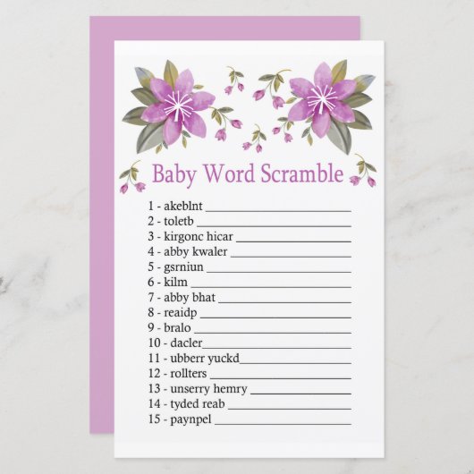Paars bloemen Baby word scramble game (Voorkant / Achterkant)