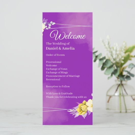 Paars Bloemen Bruiloftsprogramma (Staand voorkant)