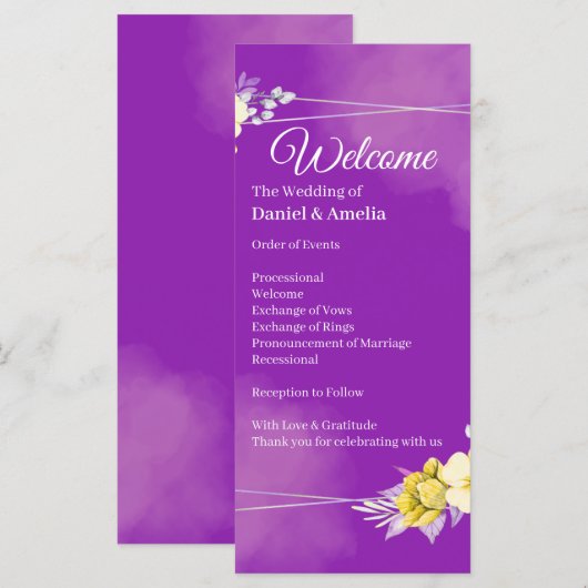 Paars Bloemen Bruiloftsprogramma (Voorkant / Achterkant)