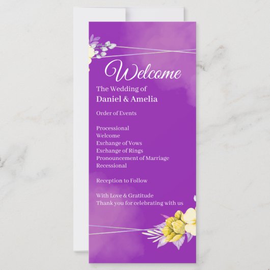 Paars Bloemen Bruiloftsprogramma (Voorkant)