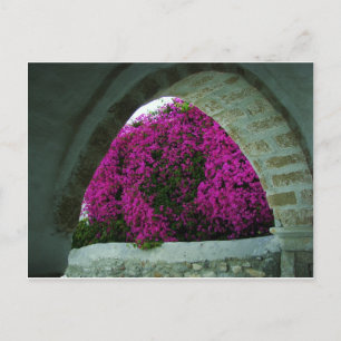 Paars bloemen door een boog. briefkaart