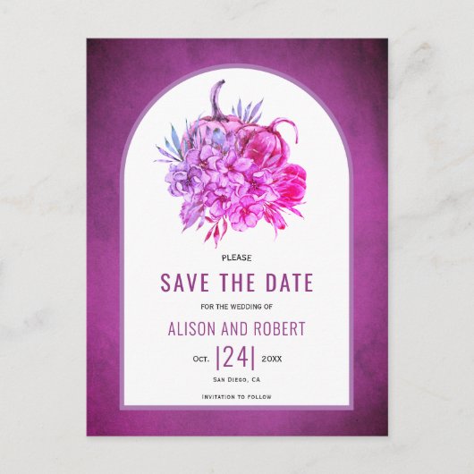 Paars bloemen en pompoenen Sla de datum op Briefkaart (Voorkant)
