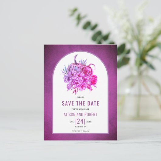 Paars bloemen en pompoenen Sla de datum op Briefkaart (Staand voorkant)