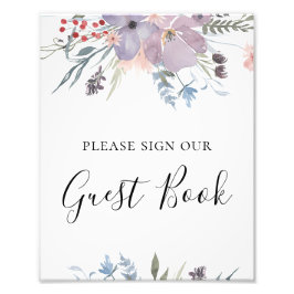 Paars bloemen gastenboek. Botanische bruiloft Foto Afdruk