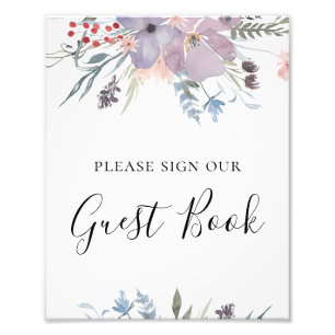 Paars bloemen gastenboek. Botanische bruiloft Foto Afdruk