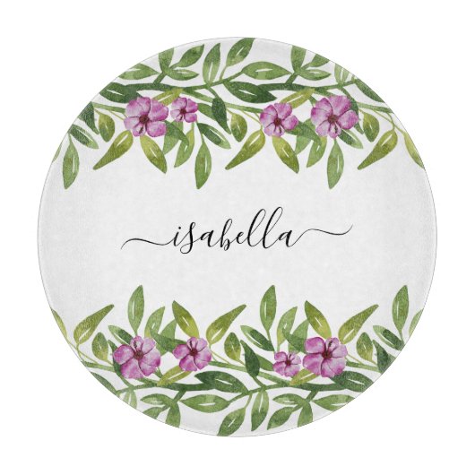 Paars bloemen, groen- en typografische veer snijplank (Voorkant)