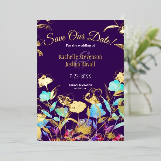 Paars Bloemen Huwelijk Opslagkaart Datum Kaart (Staand Voorkant)