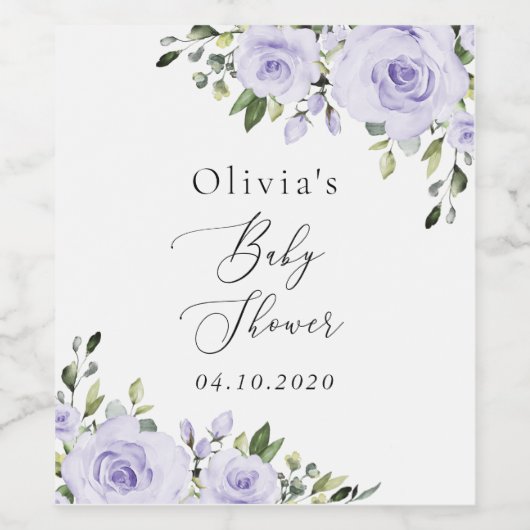 Paars bloemen, Lila bloemen, Boho, Baby shower Wijn Etiket (Enkel label)