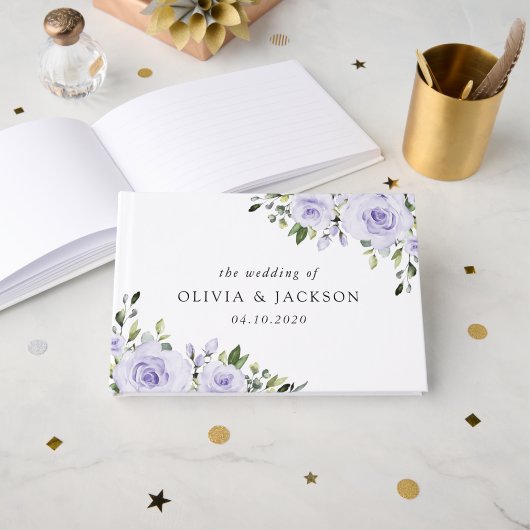 Paars bloemen, Lila bloemen, Florale bruiloft Gastenboek (Voorkant open)