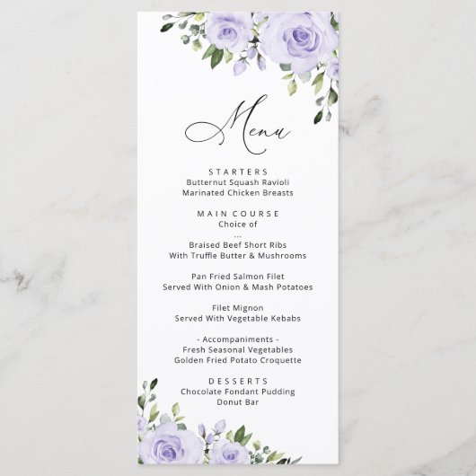 Paars bloemen, Lila bloemen, Florale bruiloft Menu (Voorkant)