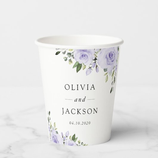 Paars bloemen, Lila bloemen, Florale bruiloft Papieren Bekers (Achterkant)