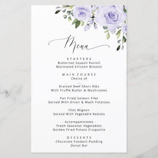 Paars bloemen, Lila bloemen, menu Vrijgezellenfees (Voorkant)