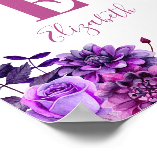 Paars bloemen. Naam meisje en monogram. Nursery Poster (Hoek)