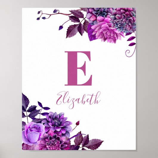 Paars bloemen. Naam meisje en monogram. Nursery Poster (Voorkant)