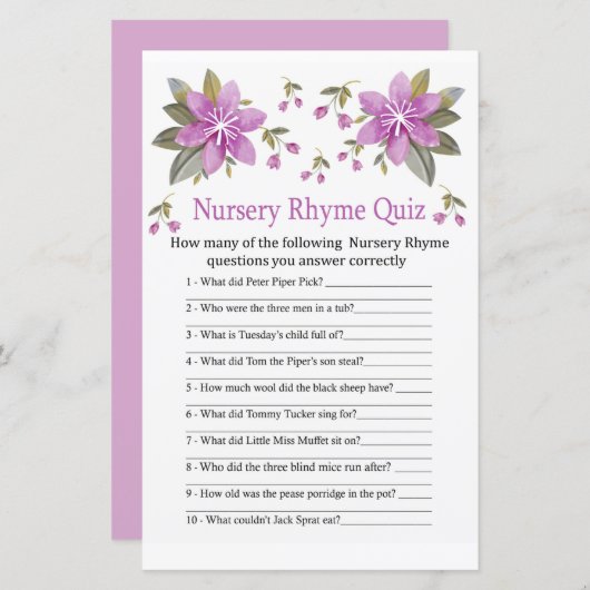 Paars bloemen Nursery Rhyme Quiz baby shower game (Voorkant / Achterkant)
