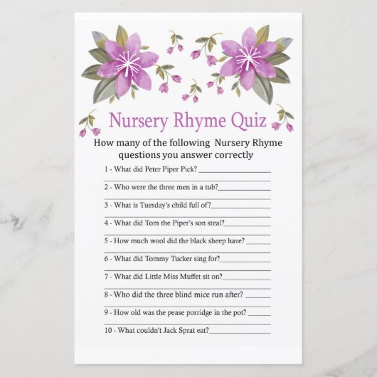 Paars bloemen Nursery Rhyme Quiz baby shower game (Voorkant)