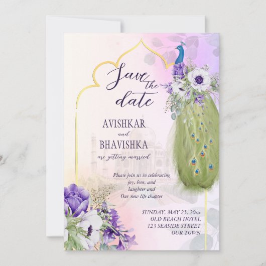 Paars bloemen pauw, sparen de datum kaart (Voorkant)