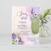 Paars bloemen pauw, sparen de datum kaart (Staand voorkant)