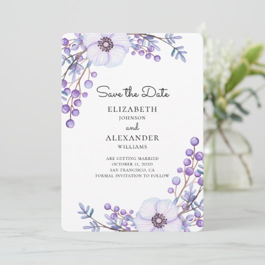 Paars bloemen redden de datum. Botanische bruiloft Kaart (Staand voorkant)