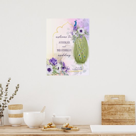 Paars bloemen vrek bruiloft welkom bord poster (Keuken)