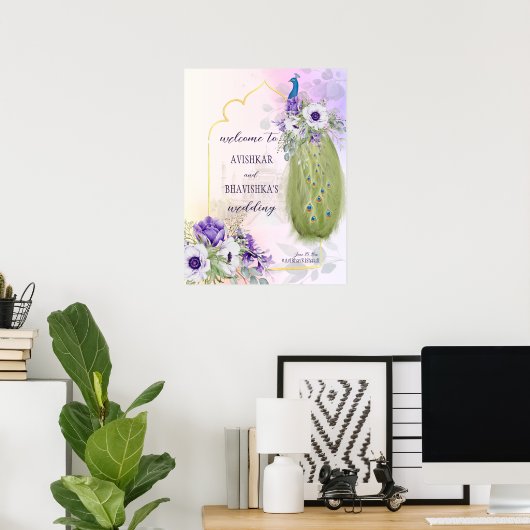 Paars bloemen vrek bruiloft welkom bord poster (Thuiskantoor)